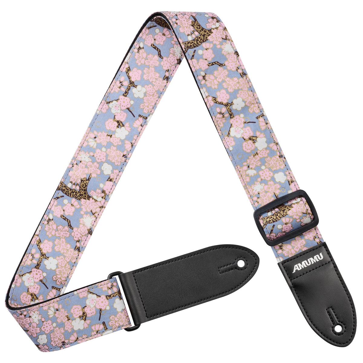 Amumu Brown Lucky Flower Guitar Strap - Vintage Embroidery With Leather Ends & Pick Pocket, Adjustable 36-63 Inches